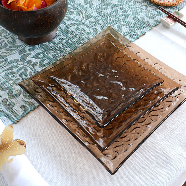 ガラスプレート プルメリア柄 Lサイズ 約21×21cm 皿 食器