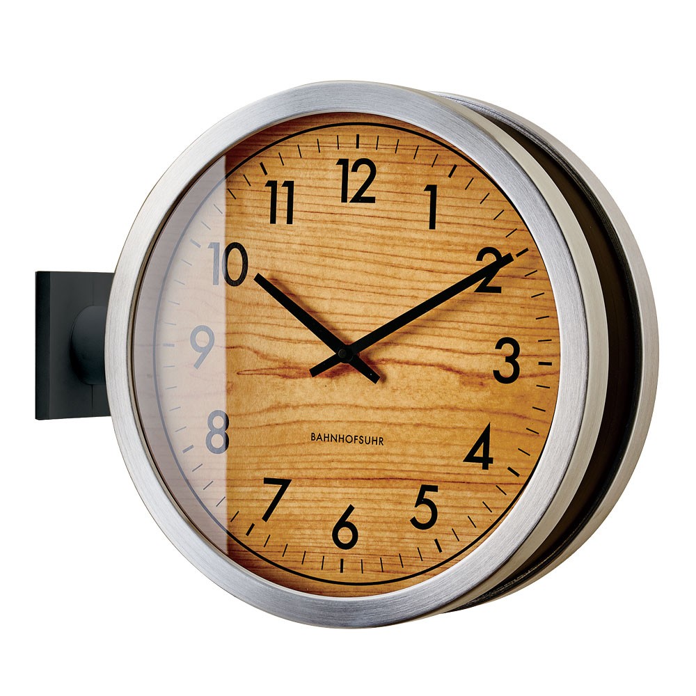時計 壁掛け時計 丸型 直径38cm アルミ ガラス ダブルフェイス 両面 スイープムーブメント モノトーン シルバー ウッド調 おしゃれ 大きめ ２way 置時計 90277 | ブランド登録なし | 01
