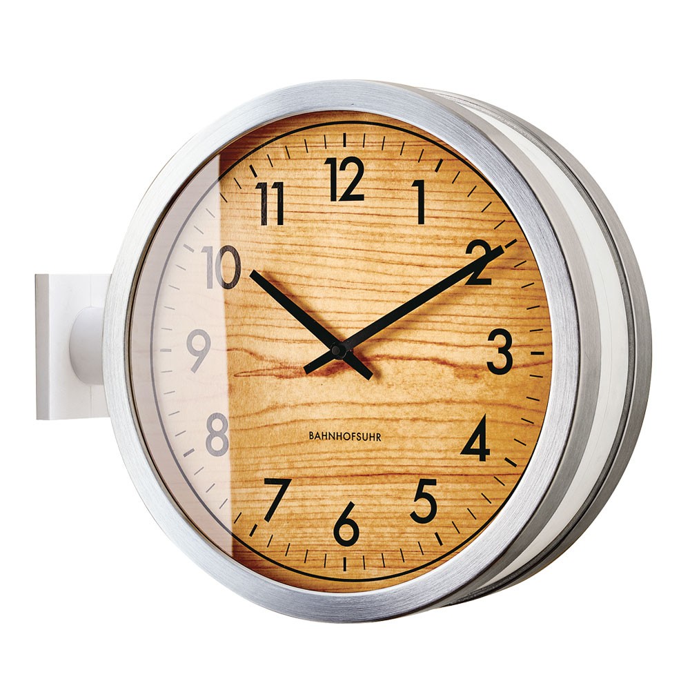 時計 壁掛け時計 丸型 直径38cm アルミ ガラス ダブルフェイス 両面 スイープムーブメント モノトーン シルバー ウッド調 おしゃれ 大きめ ２way 置時計 90277 | ブランド登録なし | 02