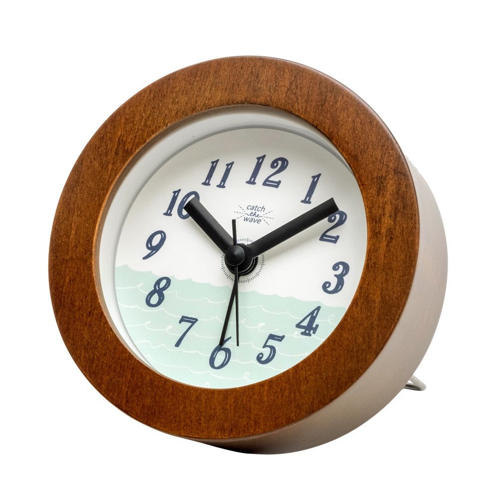 時計 置時計 丸型 直径10cm 木 ガラス ブルー ネイビー ホワイト スタンド付 目覚まし時計 スイープムーブメント ウッド おしゃれ フレーム ナチュラル 90278 | INTERFORM | 01