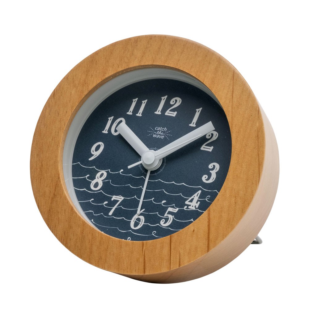 時計 置時計 丸型 直径10cm 木 ガラス ブルー ネイビー ホワイト スタンド付 目覚まし時計 スイープムーブメント ウッド おしゃれ フレーム ナチュラル 90278 | INTERFORM | 02