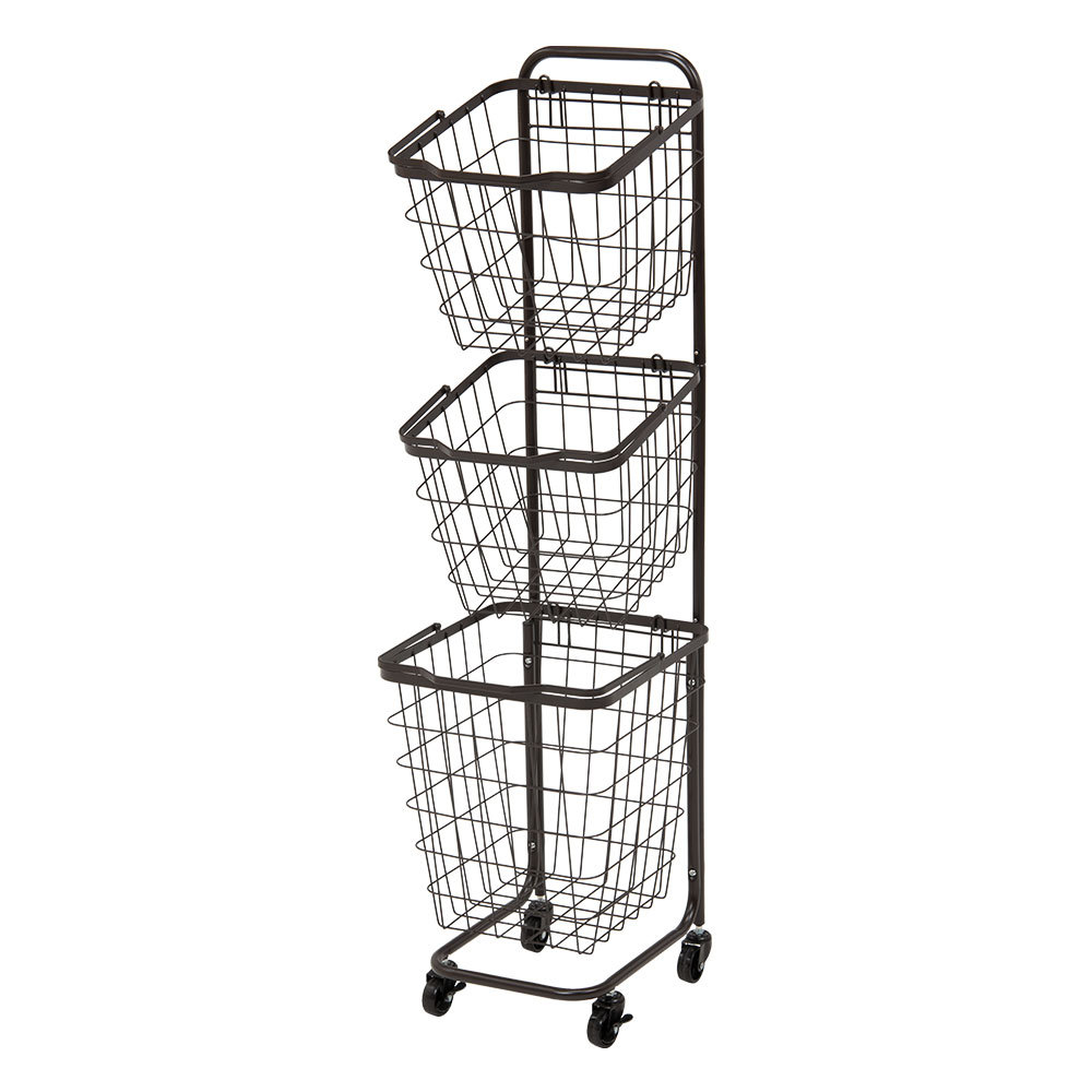 ランドリーラック バスケット かご 付 ワイヤー  スクエア 3段 縦型 ワゴン ランドリー ラック キャスター 洗濯 スリム 収納  洗濯物 入れ 北欧 おしゃれ 96045 | ブランド登録なし | 01