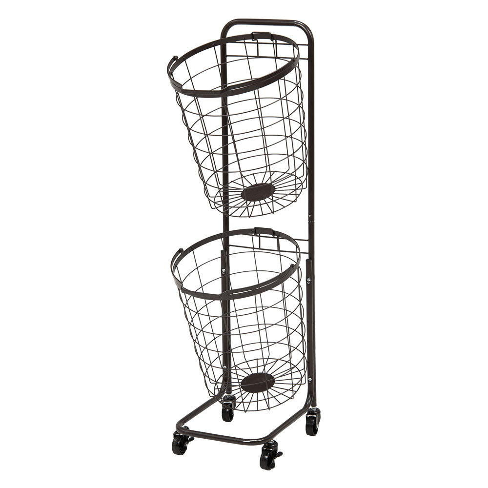 ランドリーラック バスケット かご 付 ワイヤー ラウンド 2段 縦型 ワゴン ランドリー ラック キャスター 洗濯 スリム 収納  洗濯物 入れ 北欧 おしゃれ 96046 | ブランド登録なし | 01