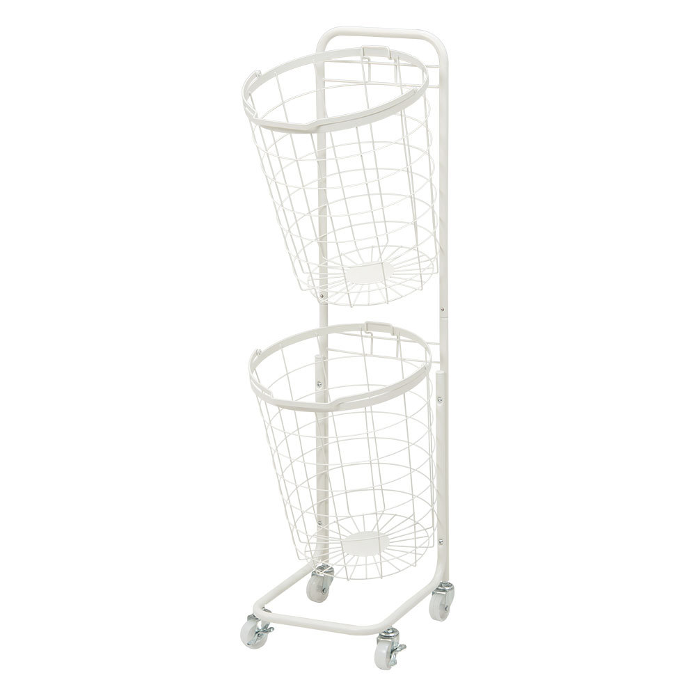 ランドリーラック バスケット かご 付 ワイヤー ラウンド 2段 縦型 ワゴン ランドリー ラック キャスター 洗濯 スリム 収納  洗濯物 入れ 北欧 おしゃれ 96046 | ブランド登録なし | 02