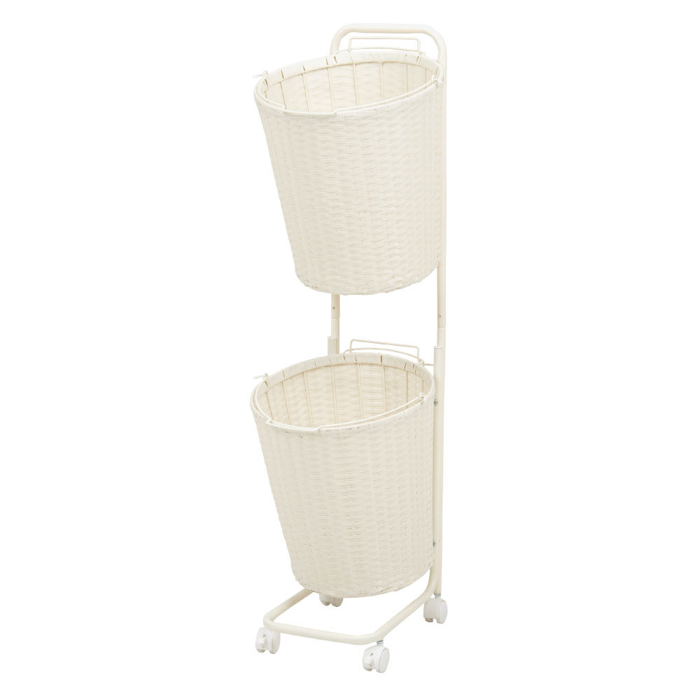 ランドリーラック バスケット かご 付 防水 ラウンド 2段 縦型 ワゴン ランドリー ラック キャスター 洗濯 スリム 収納  洗濯物 入れ 北欧 おしゃれ 96058 | ブランド登録なし | 02