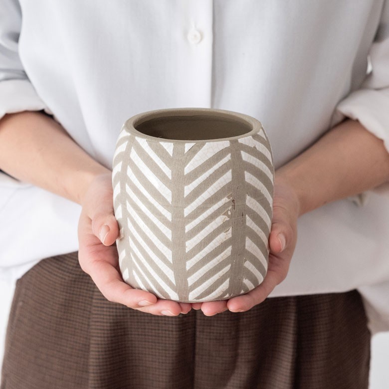 プランターカバー 鉢カバー 直径約10.5cm 陶器 テラコッタ 幾何学柄