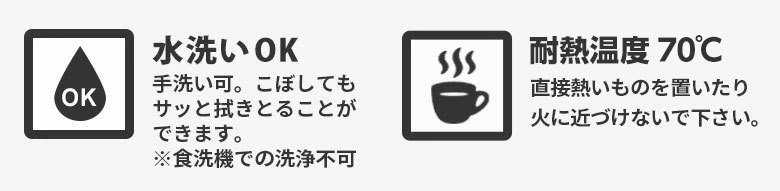 水洗いOK。耐熱温度70℃。