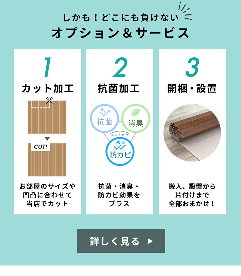 どこにも負けない当店のオプション&サービスはこちら。カット加工、抗菌加工、開梱設置便