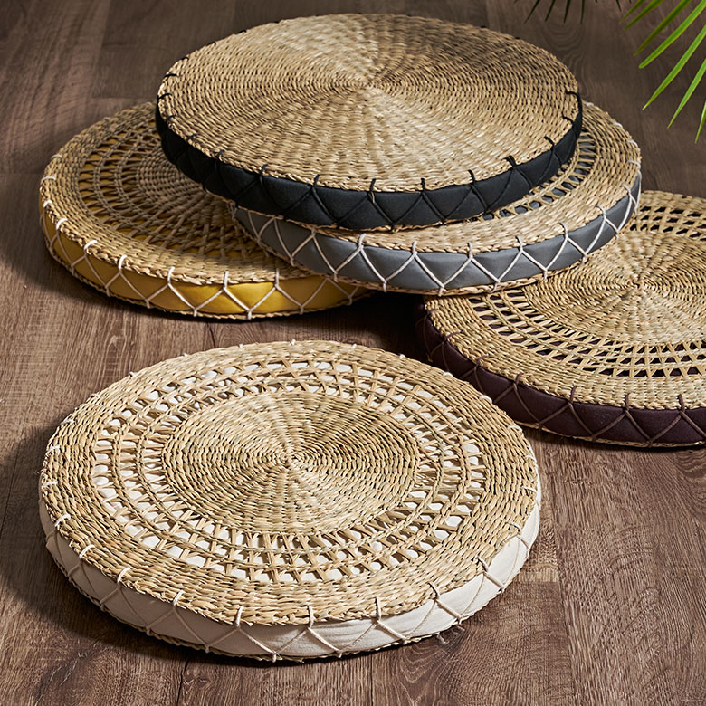 アジアン座布団 シーグラス製 透かし編み 円形 座布団 2色展開 アジア