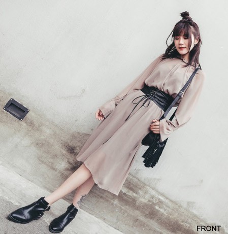 レディース　ゆったり　シフォン　ワンピース　長袖　膝下丈　ロング　無地　大人可愛い　カジュアル　オフィス　OL　デイリー　お出かけ　デート　ベージュ　送料無料