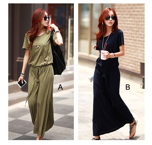 レディース　ゆったり　ワンピース　半袖　マキシ丈　ロング　エレガント　無地　大人可愛い　カジュアル　ナチュラル　オフィス　OL　デイリー　お出かけ　デート　カーキ　ブラック　送料無料