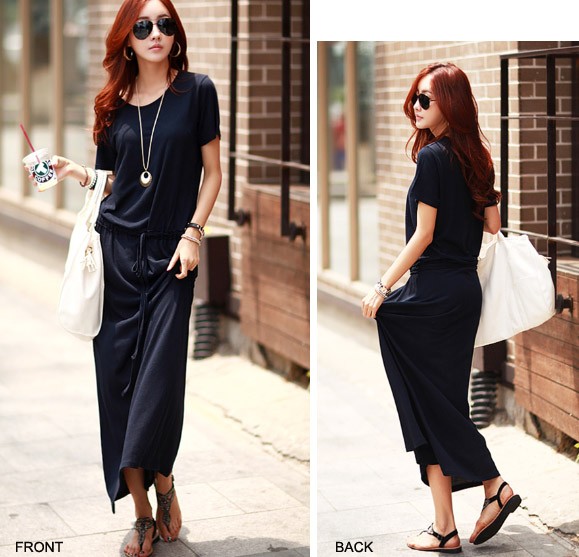 レディース　ゆったり　ワンピース　半袖　マキシ丈　ロング　エレガント　無地　大人可愛い　カジュアル　ナチュラル　オフィス　OL　デイリー　お出かけ　デート　カーキ　ブラック　送料無料