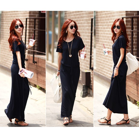 レディース　ゆったり　ワンピース　半袖　マキシ丈　ロング　エレガント　無地　大人可愛い　カジュアル　ナチュラル　オフィス　OL　デイリー　お出かけ　デート　カーキ　ブラック　送料無料