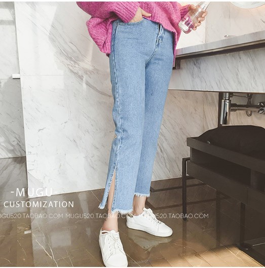 レディース　ストレート　ジーンズ　デニムパンツ　クロップド　ボトムス　切りっぱなし　サイドスリット　無地　大人可愛い　カジュアル　大きいサイズ　美脚　デイリー　お出かけ　デート　ブルー　送料無料