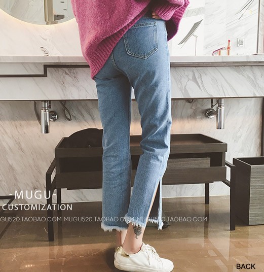 レディース　ストレート　ジーンズ　デニムパンツ　クロップド　ボトムス　切りっぱなし　サイドスリット　無地　大人可愛い　カジュアル　大きいサイズ　美脚　デイリー　お出かけ　デート　ブルー　送料無料