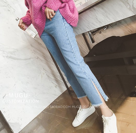 レディース　ストレート　ジーンズ　デニムパンツ　クロップド　ボトムス　切りっぱなし　サイドスリット　無地　大人可愛い　カジュアル　大きいサイズ　美脚　デイリー　お出かけ　デート　ブルー　送料無料