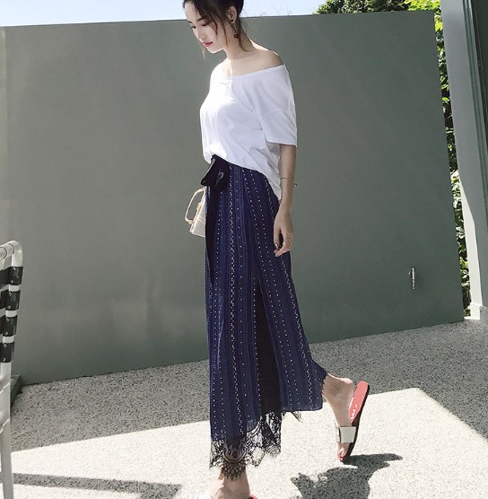 レディース　ガウチョパンツ　ワイドパンツ　スカーチョ　ボトムス　ドット柄　エスニック　大人可愛い　カジュアル　大きいサイズ　デイリー　お出かけ　デート　ネイビー　送料無料