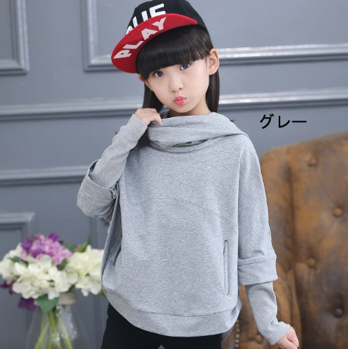 キッズ　ジュニア　トップス　フード付き　トレーナー　ドルマン　フェイクレイヤード　長袖　無地　カジュアル　可愛い　キュート　ナチュラル　女の子　お出かけ　デイリー　おしゃれ　ブラック　グレー　送料無料