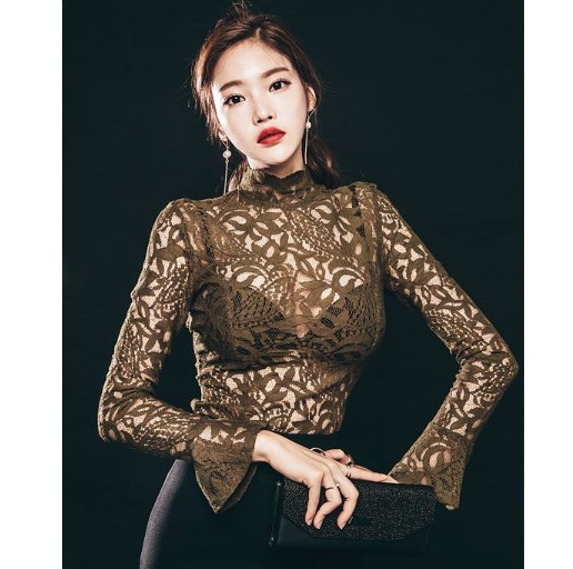 レディース　トップス　Tシャツ　長袖　レース　ハイネック　カットソー　シースルー　スリム　フィット　おしゃれ　セクシー　大人可愛い　フェミニン　デート　お出かけ　パーティー　送料無料