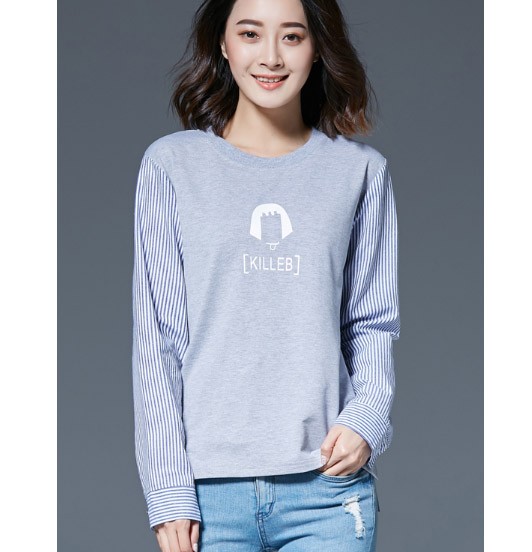 レディース　カットソー　プリント　ストライプシャツ　長袖　ロングTシャツ　ロンT　ラウンドネック　ベーシック　トップス　カジュアル　キュート　大人　可愛い　フェミニン　おしゃれ　お出かけ　デイリー　グレー　ブラック　Ｍ　Ｌ　XL　XXL　XXXL　サイズ　送料無料