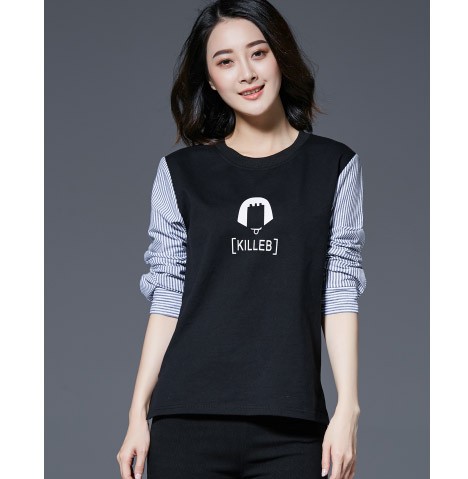 レディース　カットソー　プリント　ストライプシャツ　長袖　ロングTシャツ　ロンT　ラウンドネック　ベーシック　トップス　カジュアル　キュート　大人　可愛い　フェミニン　おしゃれ　お出かけ　デイリー　グレー　ブラック　Ｍ　Ｌ　XL　XXL　XXXL　サイズ　送料無料