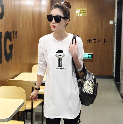 レディース　カットソー　プリント　ロング丈　長袖　ロングTシャツ　ロンT　ラウンドネック　ベーシック　トップス　カジュアル　キュート　大人　可愛い　フェミニン　おしゃれ　お出かけ　デイリー　グレー　ブラック　ホワイト　Ｍ　Ｌ　XL　サイズ　送料無料