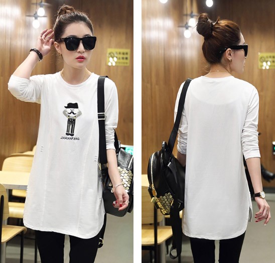 レディース　カットソー　プリント　ロング丈　長袖　ロングTシャツ　ロンT　ラウンドネック　ベーシック　トップス　カジュアル　キュート　大人　可愛い　フェミニン　おしゃれ　お出かけ　デイリー　グレー　ブラック　ホワイト　Ｍ　Ｌ　XL　サイズ　送料無料