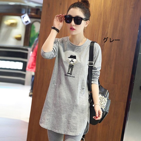 レディース　カットソー　プリント　ロング丈　長袖　ロングTシャツ　ロンT　ラウンドネック　ベーシック　トップス　カジュアル　キュート　大人　可愛い　フェミニン　おしゃれ　お出かけ　デイリー　グレー　ブラック　ホワイト　Ｍ　Ｌ　XL　サイズ　送料無料