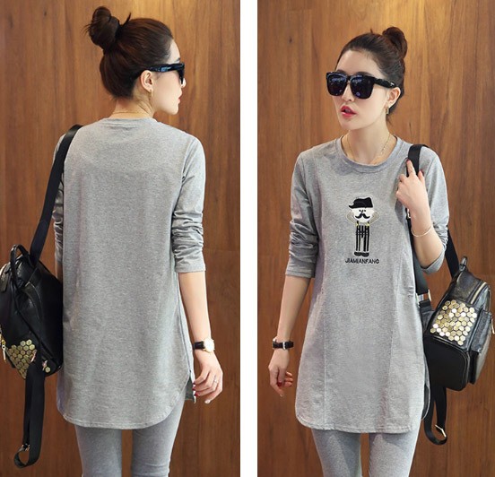 レディース　カットソー　プリント　ロング丈　長袖　ロングTシャツ　ロンT　ラウンドネック　ベーシック　トップス　カジュアル　キュート　大人　可愛い　フェミニン　おしゃれ　お出かけ　デイリー　グレー　ブラック　ホワイト　Ｍ　Ｌ　XL　サイズ　送料無料