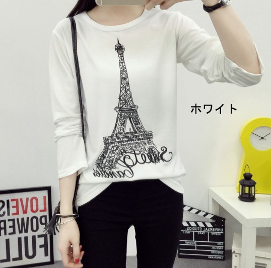 レディース　カットソー　プリント　長袖　ロングTシャツ　ロンT　ラウンドネック　ベーシック　トップス　カジュアル　大人　可愛い　フェミニン　おしゃれ　お出かけ　デイリー　グレー　ホワイト　ブラック　灰色　白　黒　Ｍ　Ｌ　XL　XXL　大きいサイズ　送料無料