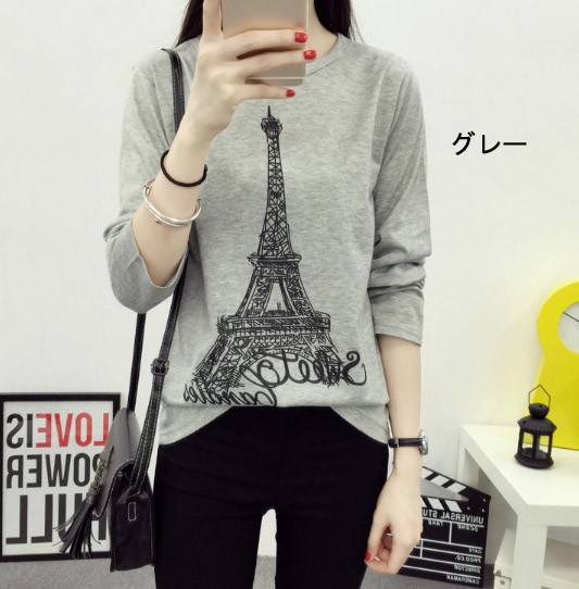 レディース　カットソー　プリント　長袖　ロングTシャツ　ロンT　ラウンドネック　ベーシック　トップス　カジュアル　大人　可愛い　フェミニン　おしゃれ　お出かけ　デイリー　グレー　ホワイト　ブラック　灰色　白　黒　Ｍ　Ｌ　XL　XXL　大きいサイズ　送料無料