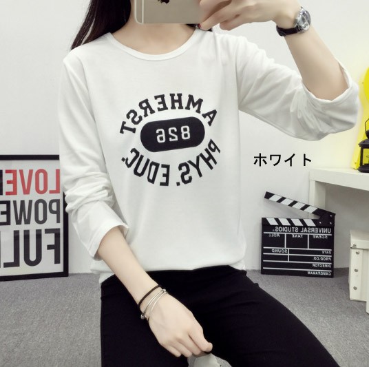 レディース　カットソー　プリント　長袖　ロングTシャツ　ロンT　ラウンドネック　ベーシック　トップス　カジュアル　キュート　大人　可愛い　フェミニン　おしゃれ　お出かけ　デイリー　グレー　ホワイト　ピンク　灰色　白　Ｍ　Ｌ　XL　XXL　大きいサイズ　送料無料