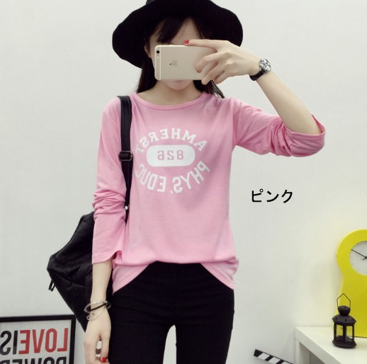レディース　カットソー　プリント　長袖　ロングTシャツ　ロンT　ラウンドネック　ベーシック　トップス　カジュアル　キュート　大人　可愛い　フェミニン　おしゃれ　お出かけ　デイリー　グレー　ホワイト　ピンク　灰色　白　Ｍ　Ｌ　XL　XXL　大きいサイズ　送料無料