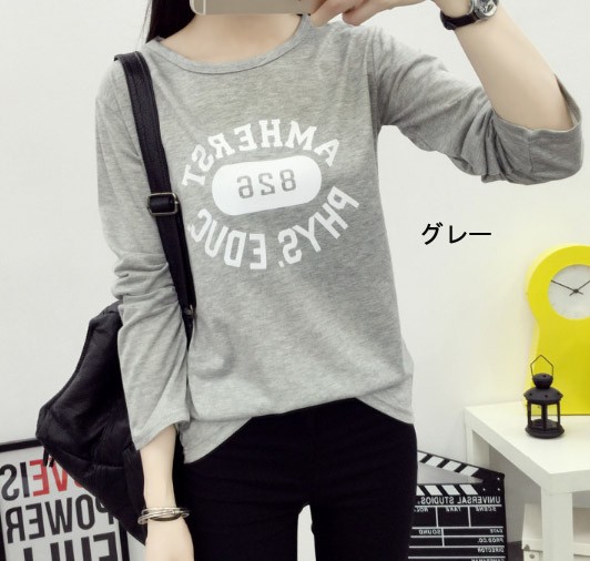 レディース　カットソー　プリント　長袖　ロングTシャツ　ロンT　ラウンドネック　ベーシック　トップス　カジュアル　キュート　大人　可愛い　フェミニン　おしゃれ　お出かけ　デイリー　グレー　ホワイト　ピンク　灰色　白　Ｍ　Ｌ　XL　XXL　大きいサイズ　送料無料