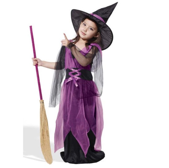 キッズ　ジュニア　コスチューム　魔女　悪魔　魔法使い　占い師　妖精　コスプレ　衣装　フリーサイズ　本格派　リアルデザイン　公演　演劇　ハロウィン　イベント　パーティ　仮装　パープル　ブラック　オレンジ　送料無料