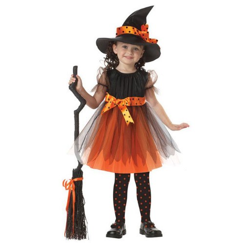 キッズ　ジュニア　コスチューム　魔女　悪魔　魔法使い　占い師　妖精　コスプレ　衣装　フリーサイズ　本格派　リアルデザイン　公演　演劇　ハロウィン　イベント　パーティ　仮装　パープル　ブラック　オレンジ　送料無料
