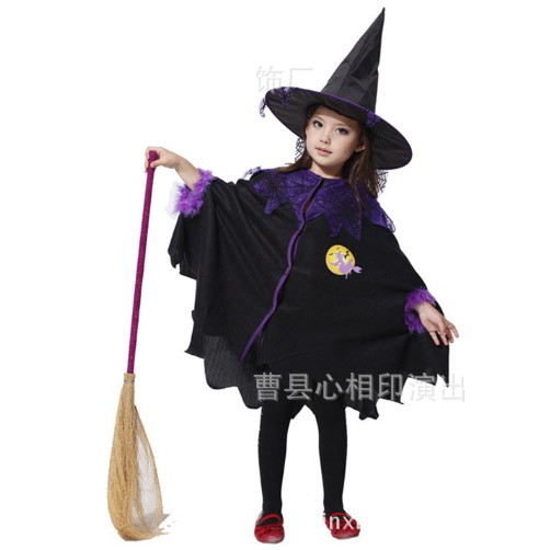 キッズ　ジュニア　コスチューム　魔女　悪魔　魔法使い　占い師　妖精　コスプレ　衣装　フリーサイズ　本格派　リアルデザイン　公演　演劇　ハロウィン　イベント　パーティ　仮装　パープル　ブラック　オレンジ　送料無料