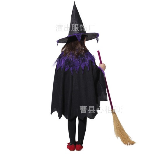 キッズ　ジュニア　コスチューム　魔女　悪魔　魔法使い　占い師　妖精　コスプレ　衣装　フリーサイズ　本格派　リアルデザイン　公演　演劇　ハロウィン　イベント　パーティ　仮装　パープル　ブラック　オレンジ　送料無料