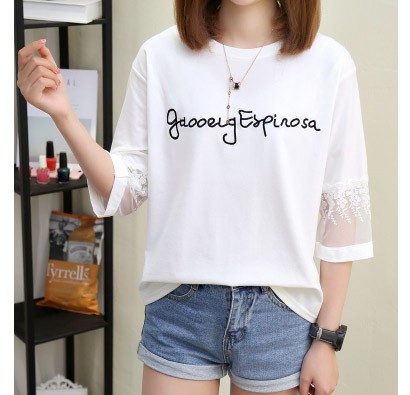 レディース　七分袖　Tシャツ　プリント　カットソー　レース　クルーネック　トップス　カジュアル　キュート　大人　可愛い　フェミニン　おしゃれ　お出かけ　デイリー　ホワイト　ピンク　白色　Ｍ　Ｌ　XL　XXL　大きいサイズ　送料無料