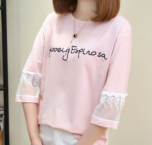 レディース　七分袖　Tシャツ　プリント　カットソー　レース　クルーネック　トップス　カジュアル　キュート　大人　可愛い　フェミニン　おしゃれ　お出かけ　デイリー　ホワイト　ピンク　白色　Ｍ　Ｌ　XL　XXL　大きいサイズ　送料無料