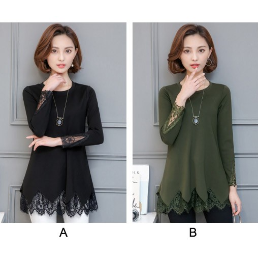 レディース　カットソー　長袖　レース　Tシャツ　ラウンドネック　ロングスリーブ　トップス　カジュアル　キュート　大人　可愛い　フェミニン　おしゃれ　お出かけ　デイリー　ブラック　グリーン　黒　緑色　Ｌ　XL　2XL　3XL　4XL　5XL　大きいサイズ　送料無料