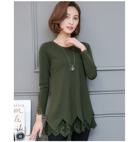 レディース　カットソー　長袖　レース　Tシャツ　ラウンドネック　ロングスリーブ　トップス　カジュアル　キュート　大人　可愛い　フェミニン　おしゃれ　お出かけ　デイリー　ブラック　グリーン　黒　緑色　Ｌ　XL　2XL　3XL　4XL　5XL　大きいサイズ　送料無料