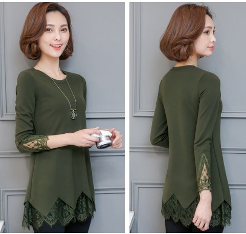 レディース　カットソー　長袖　レース　Tシャツ　ラウンドネック　ロングスリーブ　トップス　カジュアル　キュート　大人　可愛い　フェミニン　おしゃれ　お出かけ　デイリー　ブラック　グリーン　黒　緑色　Ｌ　XL　2XL　3XL　4XL　5XL　大きいサイズ　送料無料