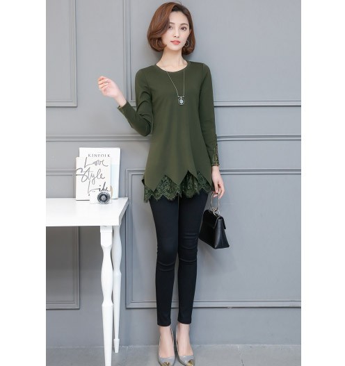 レディース　カットソー　長袖　レース　Tシャツ　ラウンドネック　ロングスリーブ　トップス　カジュアル　キュート　大人　可愛い　フェミニン　おしゃれ　お出かけ　デイリー　ブラック　グリーン　黒　緑色　Ｌ　XL　2XL　3XL　4XL　5XL　大きいサイズ　送料無料