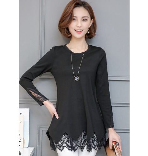 レディース　カットソー　長袖　レース　Tシャツ　ラウンドネック　ロングスリーブ　トップス　カジュアル　キュート　大人　可愛い　フェミニン　おしゃれ　お出かけ　デイリー　ブラック　グリーン　黒　緑色　Ｌ　XL　2XL　3XL　4XL　5XL　大きいサイズ　送料無料