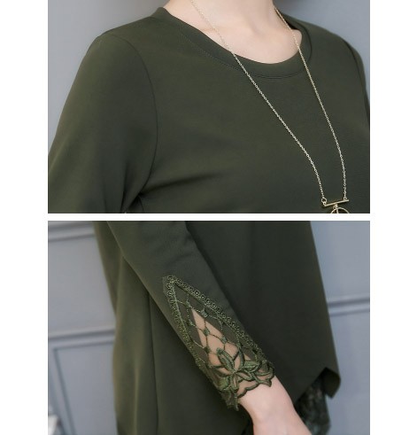 レディース　カットソー　長袖　レース　Tシャツ　ラウンドネック　ロングスリーブ　トップス　カジュアル　キュート　大人　可愛い　フェミニン　おしゃれ　お出かけ　デイリー　ブラック　グリーン　黒　緑色　Ｌ　XL　2XL　3XL　4XL　5XL　大きいサイズ　送料無料