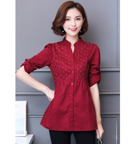 レディース　ブラウス　カットソー　長袖　ロングスリーブ　トップス　カジュアル　キュート　大人　可愛い　フェミニン　おしゃれ　お出かけ　デイリー　レッド　ブルー　ネイビー　赤　青　紺色　M　Ｌ　XL　2XL　3XL　4XL　5XL　大きいサイズ　送料無料