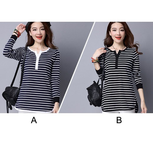 レディース　ボーダー　カットソー　Tシャツ　ヘンリーネック　長袖　ロングスリーブ　トップス　カジュアル　キュート　大人　可愛い　フェミニン　おしゃれ　お出かけ　デイリー　ブラック　ネイビー　黒　紺色　S　M　Ｌ　XL　2XL　3XL　4XL　大きいサイズ　送料無料