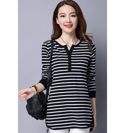 レディース　ボーダー　カットソー　Tシャツ　ヘンリーネック　長袖　ロングスリーブ　トップス　カジュアル　キュート　大人　可愛い　フェミニン　おしゃれ　お出かけ　デイリー　ブラック　ネイビー　黒　紺色　S　M　Ｌ　XL　2XL　3XL　4XL　大きいサイズ　送料無料