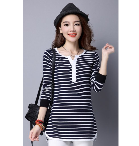 レディース　ボーダー　カットソー　Tシャツ　ヘンリーネック　長袖　ロングスリーブ　トップス　カジュアル　キュート　大人　可愛い　フェミニン　おしゃれ　お出かけ　デイリー　ブラック　ネイビー　黒　紺色　S　M　Ｌ　XL　2XL　3XL　4XL　大きいサイズ　送料無料